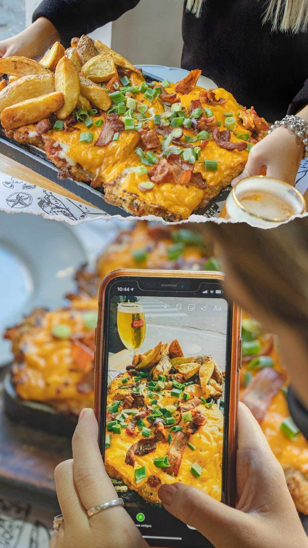 Foto de cámara capturando papas con cheddar