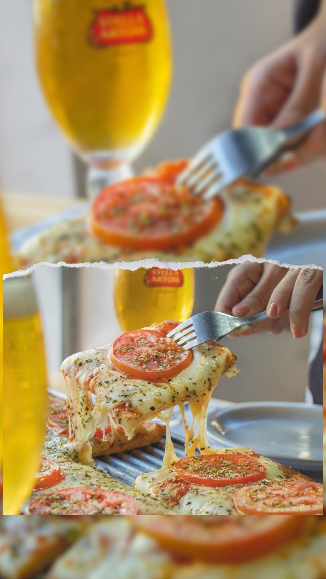 Foto de una pizza y cerveza