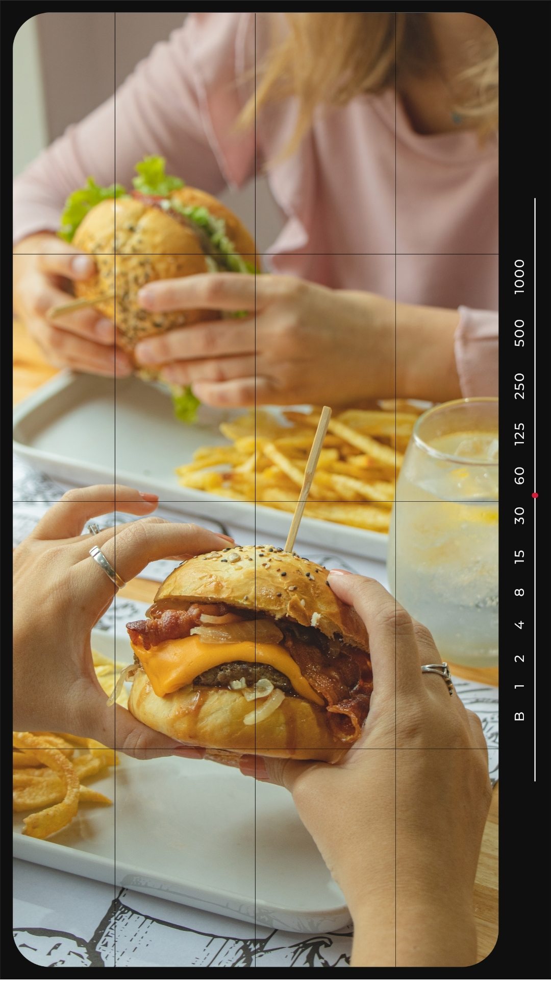 Foto de dos personas comiendo hamburguesa
